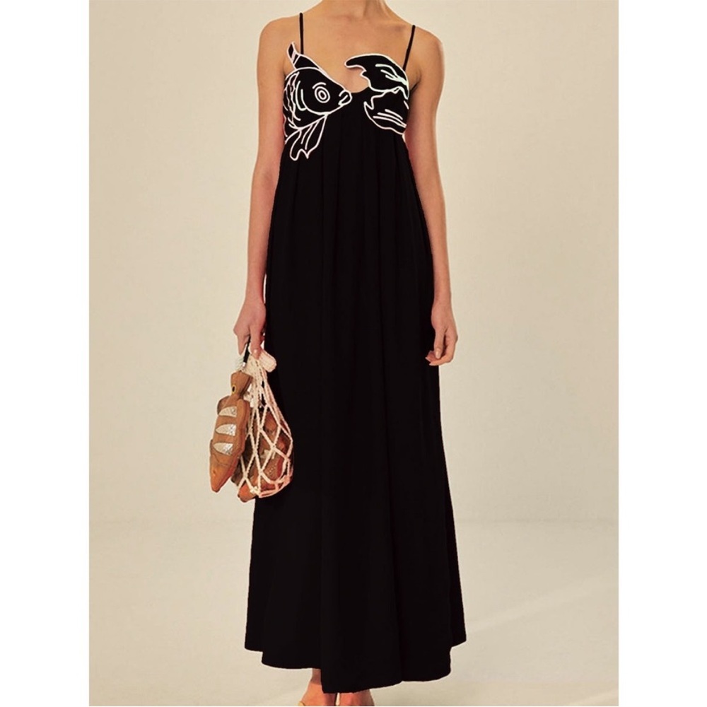 Not Farm Rio Commense Black Fish Embroidered Maxi Dress, Size M